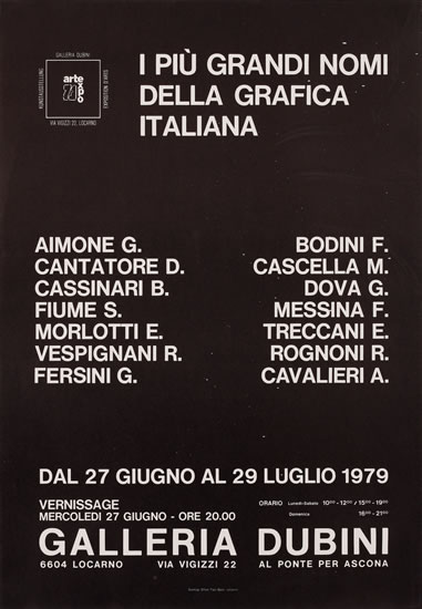 I più grandi nomi della grafica italiana, Galleria Dubini, Locarno; G.Aimone, D. Cantatore, B. Cassinari. S. Fiume, E. Morlotti, R. Vespignani, G. Fersini, F. Bodini, M. Cascella, G. Dova, F. Messina, E. Treccani, R. Rognoni, A. Cavalieri